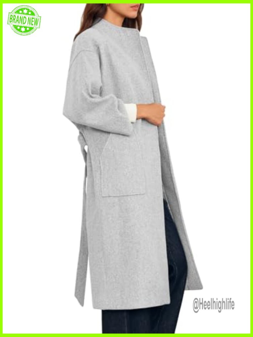 Wool Blend Wrap Pea Coat Oversized Open Front Long Coat - Picture 5 of 7